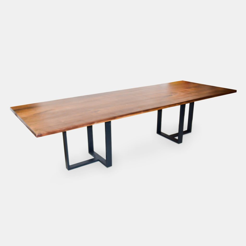 Walnut Wood Planks Dining Table Metal Base with Powder Coated Finish